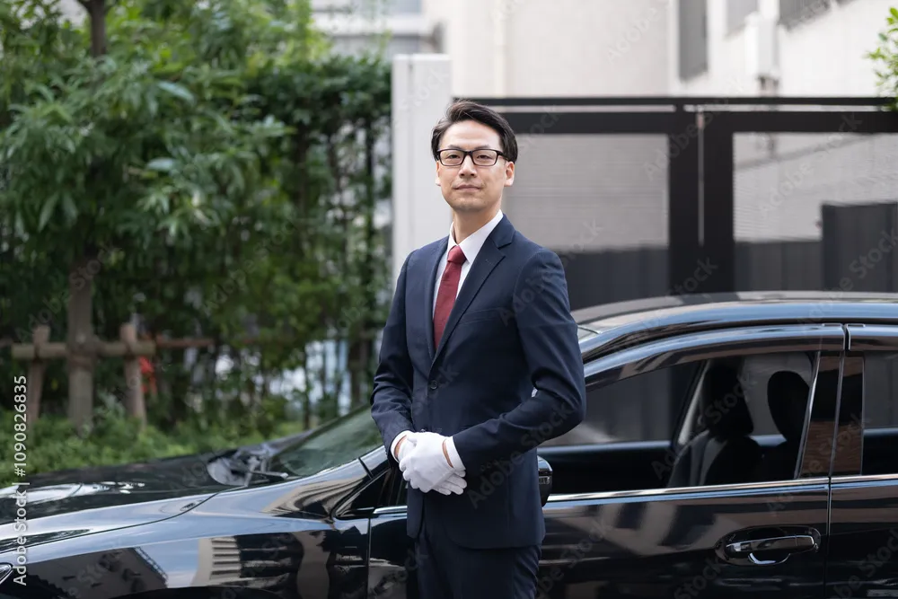 ハイヤー車両の前に立つスタッフ